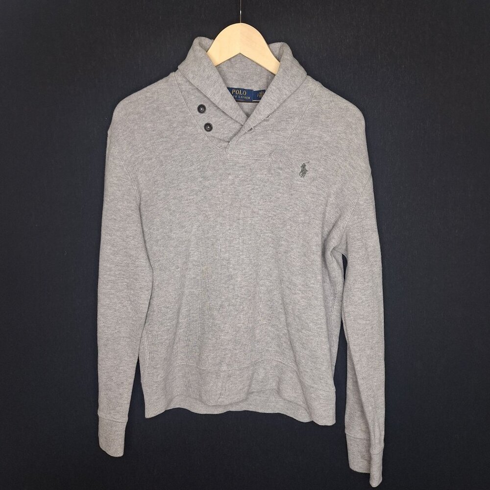 💙 Ralph Lauren Gray Cotton Button Shawl Collar Sweater Size S/M Preppy Minimali